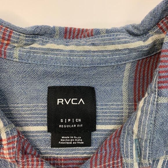 RVCA Shirt Mens Small Cadet Blue Linen Blend Pepperland Plaid Regular Fit Pocket - Picture 4 of 10